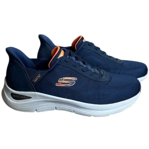 Skechers Swift Fit Hands Free Navy Orange Arch Comfort Sneakers Mens 11 NEW